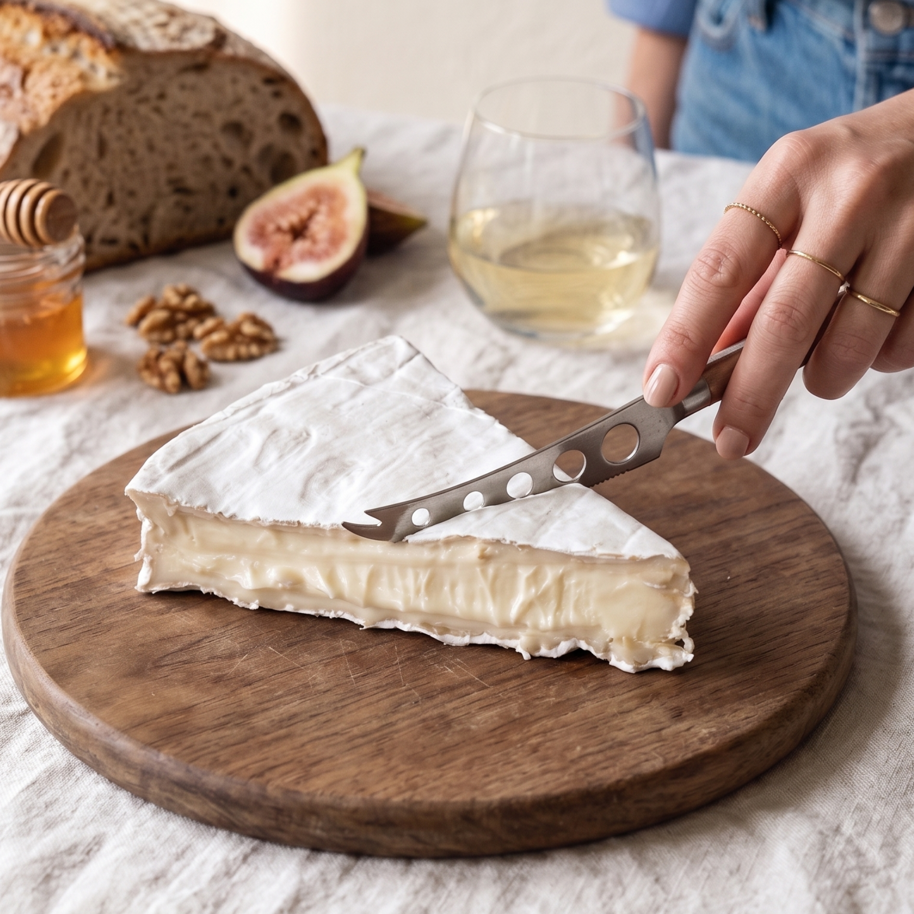 Queso Brie artesanal siendo cortado con cuchillo para Brie.