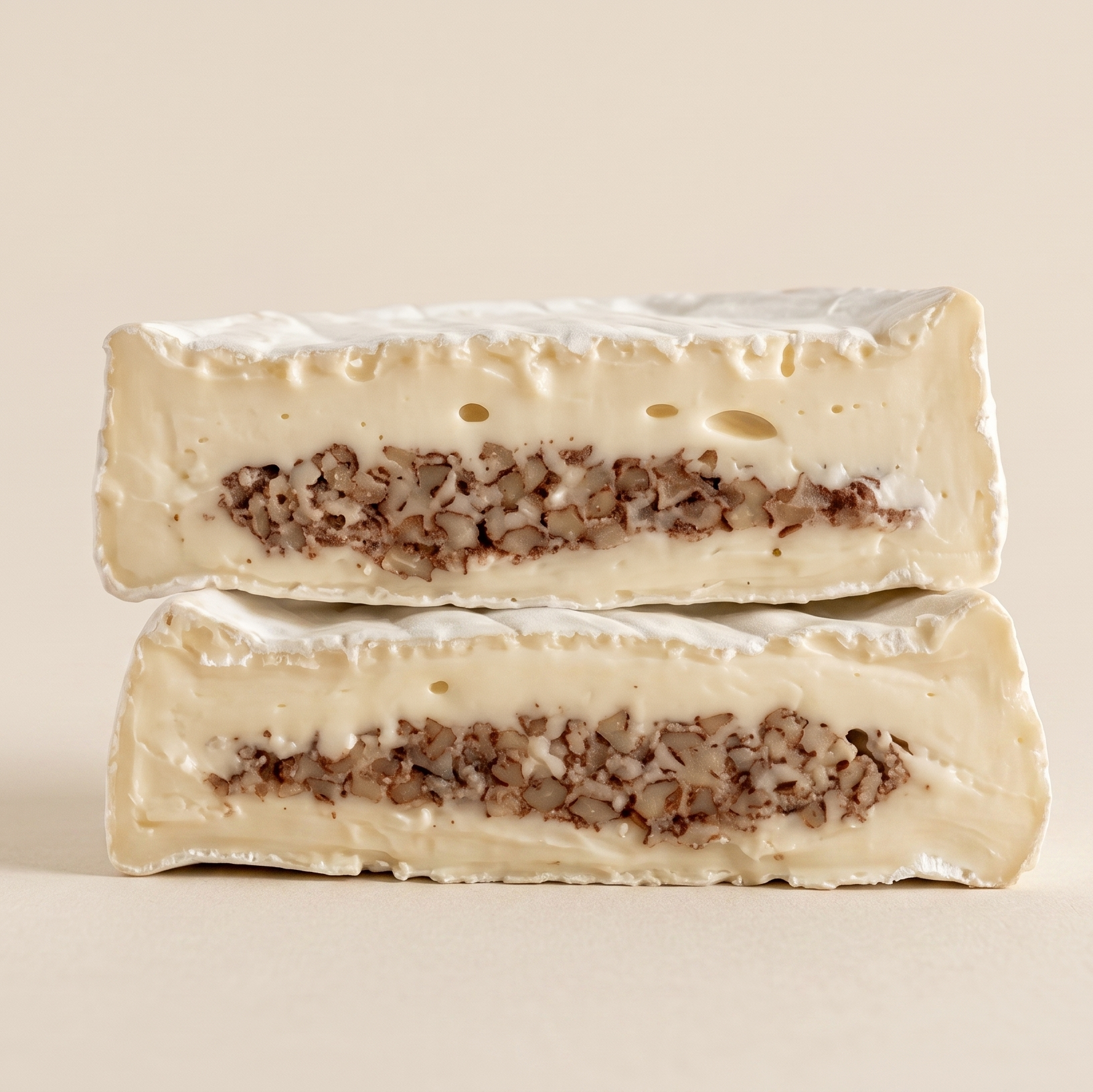 Queso Camembert con nuez artesanal sobre fondo beige.