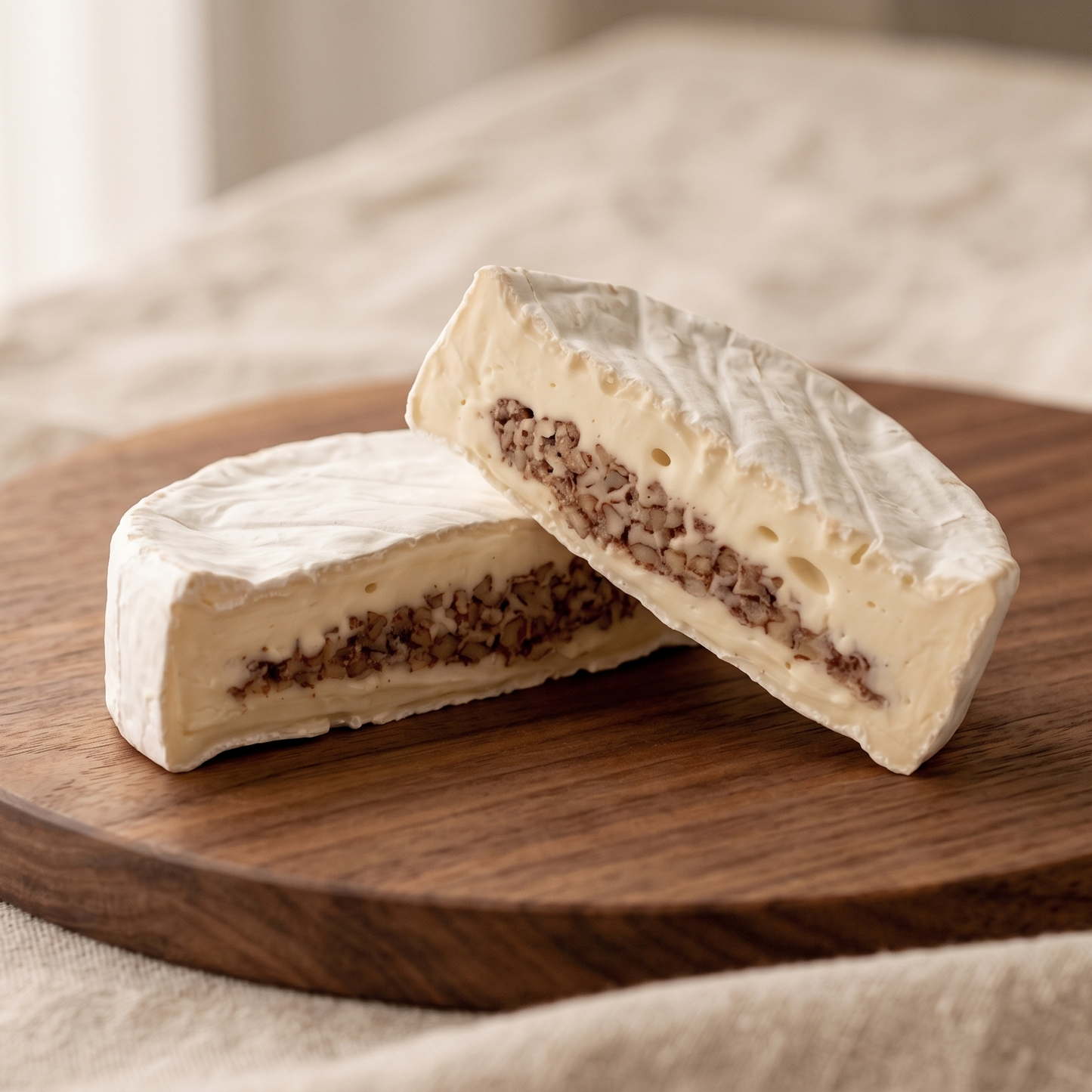 Queso Camembert con nuez artesanal sobre tabla de madera.