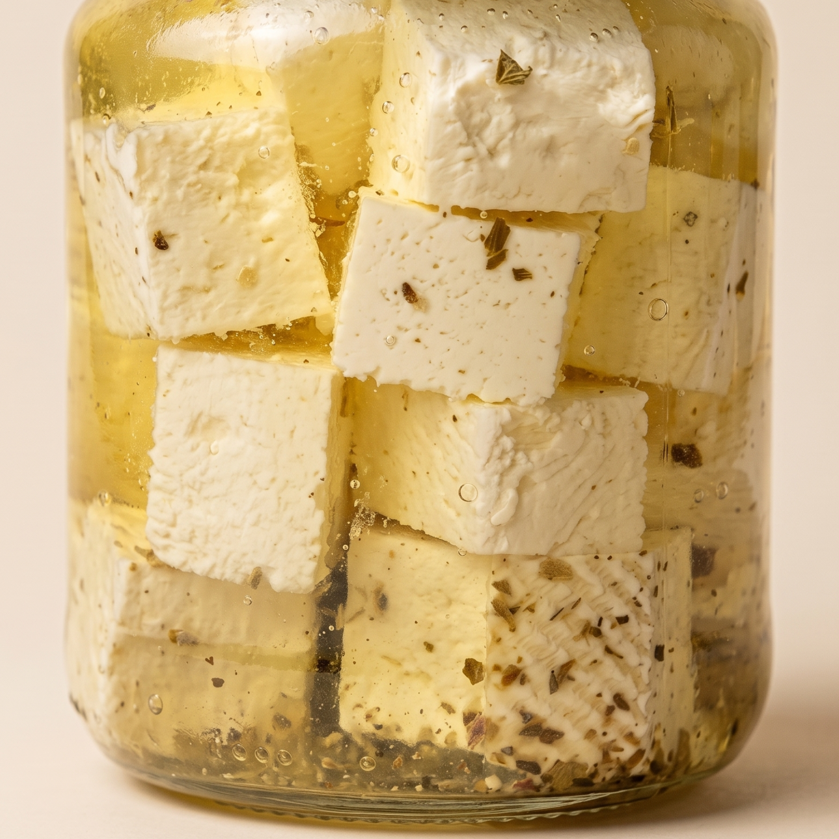 Queso Feta en Aceite sobre tabla de madera.