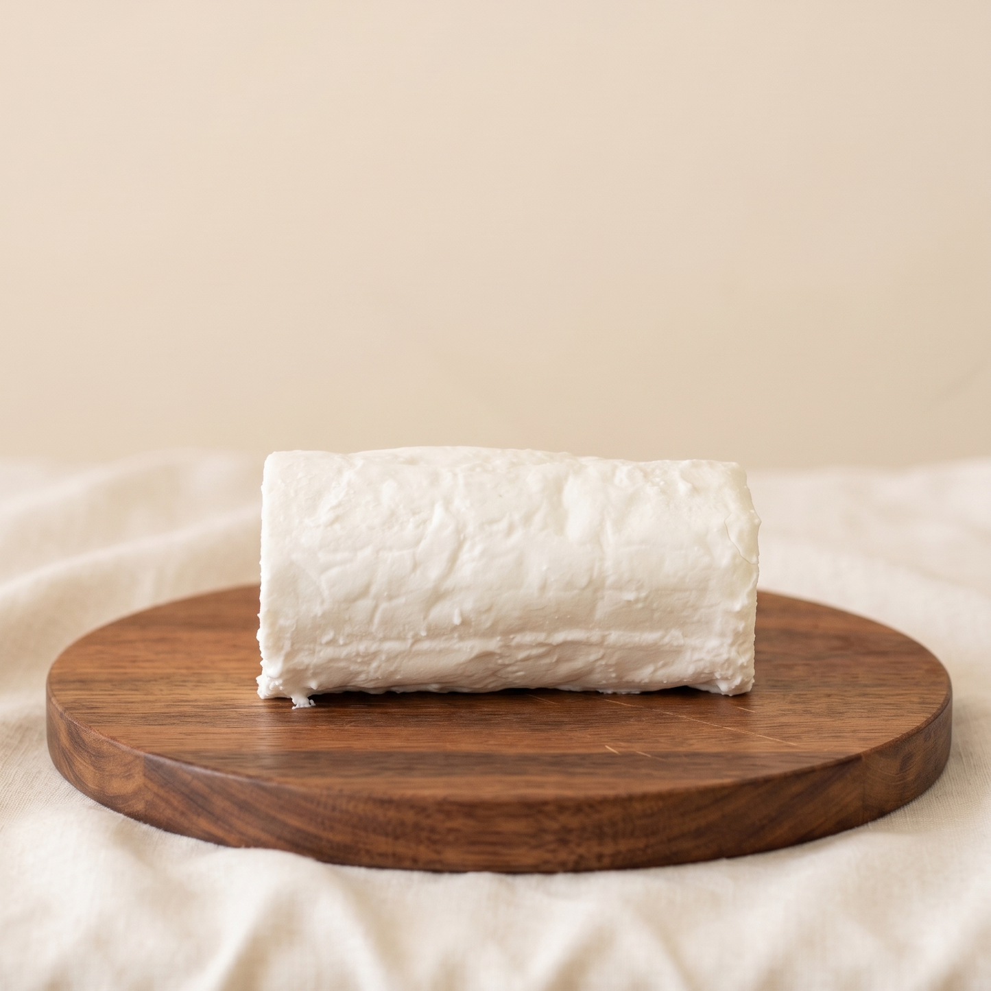 Queso fresco de cabra artesanal sobre tabla de madera.